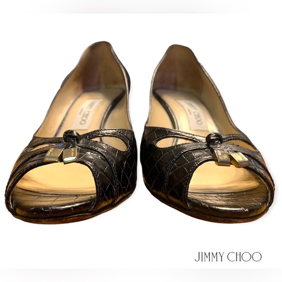 Jimmy Choo Valika Glossy Mock Croc Black Low Heel Peep Toe Pumps Size 6.5 - Picture 9 of 9